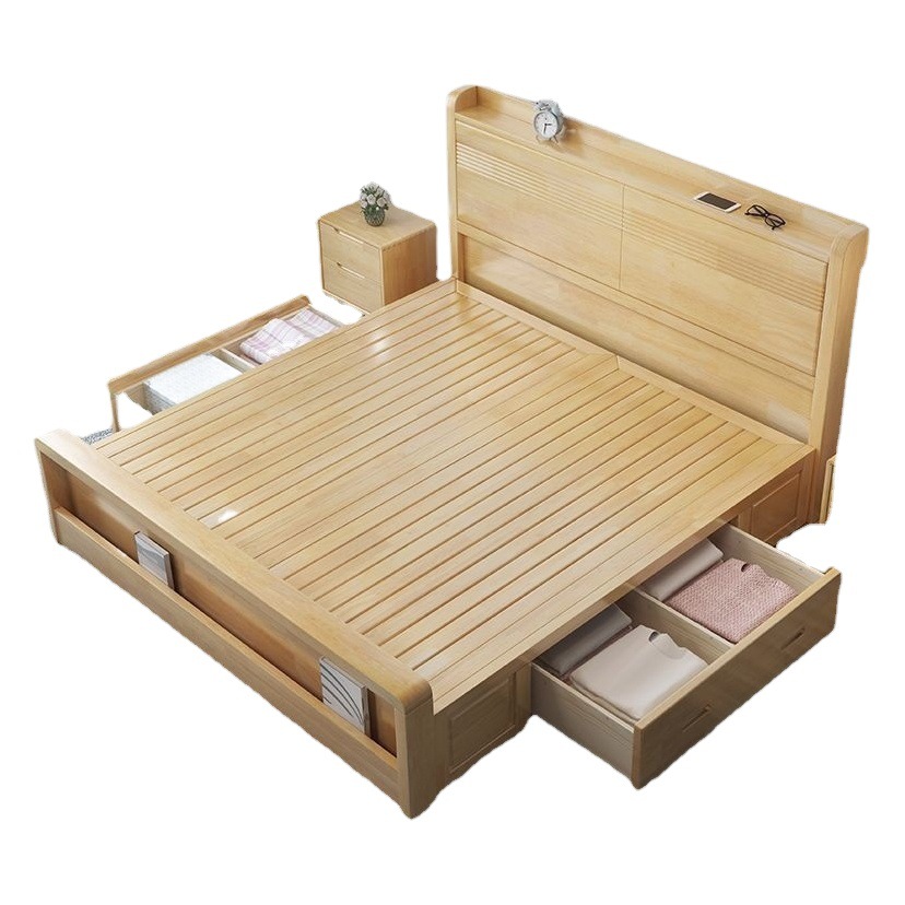Cama nórdica de madera maciza simple cama de almacenamiento moderna cama individual multifuncional Luz de lujo doble dormitorio principal habitación de alquiler cama blanda