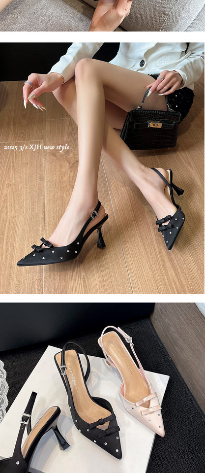 Giày cao gót nữ mũi nhọn gót mảnh quai ngang bít mũi đính đá, gót 6–8 cm — Màu hồng nhạt, Màu đen chi tiết 11