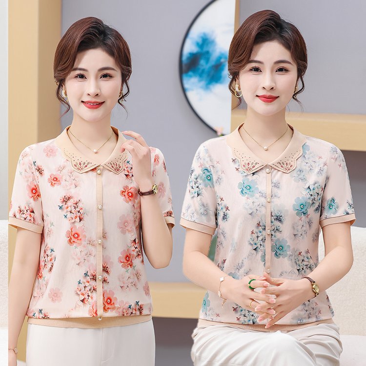 Mom's Summer Short-sleeved T-shirt 2025 New Arrival Middle-aged and Elderly Women's Summer Western Style Lap Ice Silk Small Shirt Loose Top