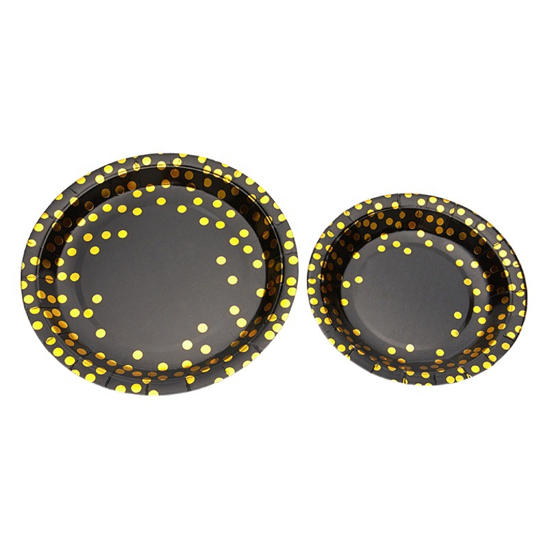 Banquete de oro negro desechable hotel restaurante plato papel redondo taza servilleta paja cuchillo tenedor vajilla traje