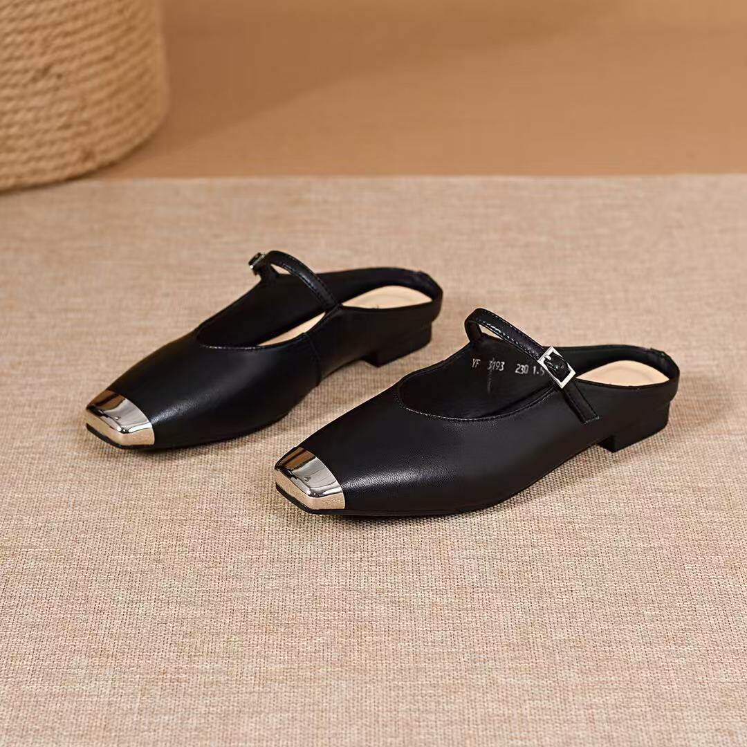 Dép sandal nữ quai chữ V mũi nhọn đế bệt da thật — màu đen chi tiết 8