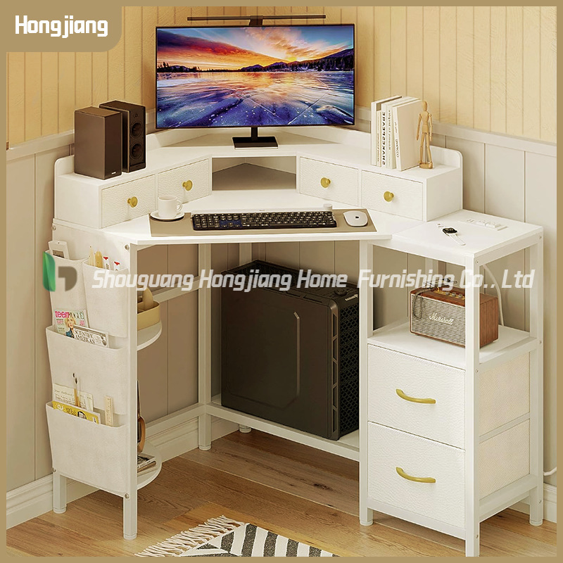 White Modern Minimalist Corner Computer Desk with Integrated Storage Cabinet and Led Light