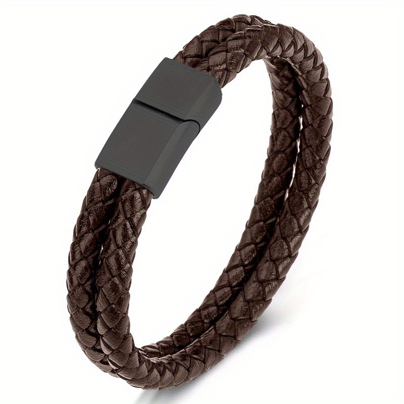 Cross-Border Popular Double-Layer High-Gloss Woven Black Leather Bracelet with Matte Clasp, Dark Style for Men, Suitable for Going Out and Dating, Stackable Wrist Accessory
