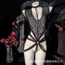 大妞范爆款新款性感内衣辣妹绑带蕾丝花边镂空透视V领露背连体衣