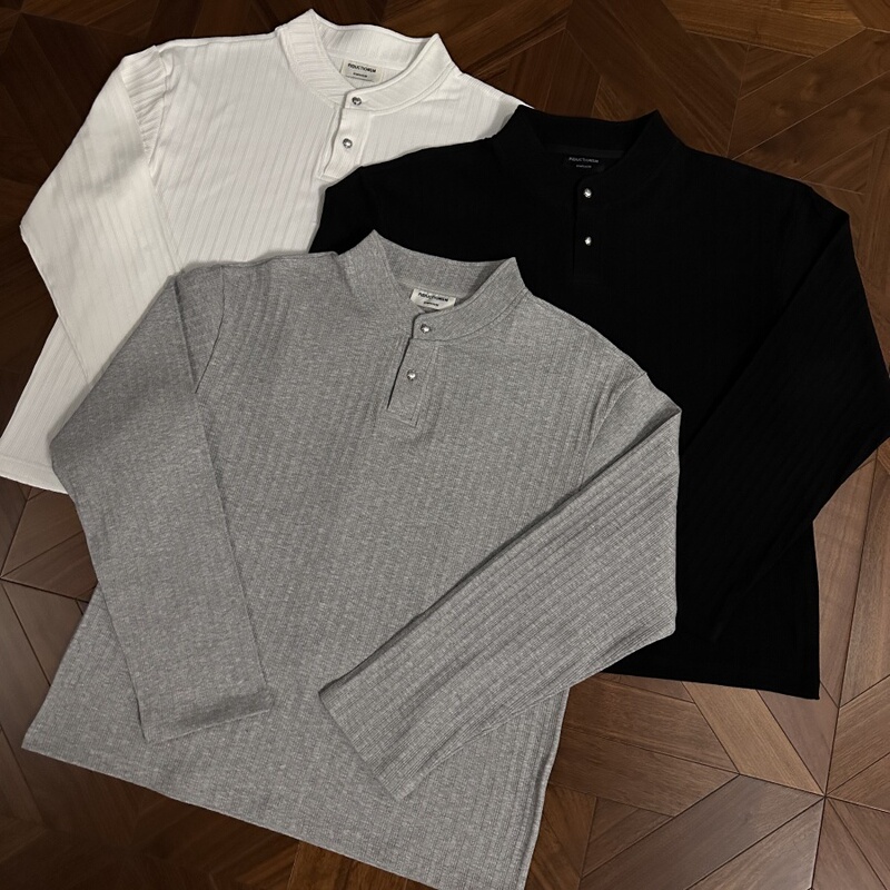 Cleanfit Crystal Button Henley Collar Basic Old Money Long-Sleeve Boxy Fit Regular Shoulder Fitted Base Sweatshirt for Autumn and Winter