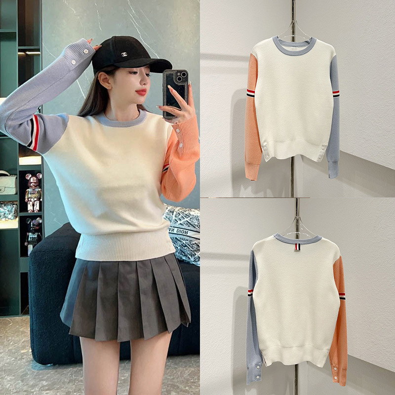 Light blue color matching loose sweater TB arm parallel bars round neck pullover college style fresh short top