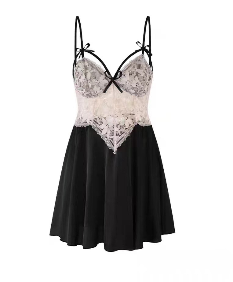 Pink Lace-Trim Babydoll Nightgown with Suspenders, Backless Plus Size Slip Dress — detail image 14