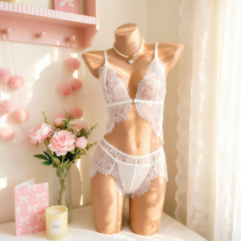 Purely desirable French-style white lace sexy lingerie set for women, sexy see-through sleepwear, honeymoon temptation home wear