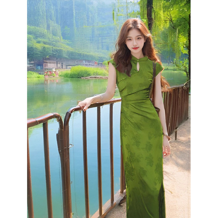 新中式国风长裙女2025夏季收腰显瘦复古风提花立领开叉旗袍连衣裙|undefined