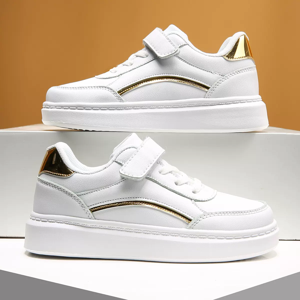 校园小白鞋外贸男童运动鞋白色春秋跨境皮面防水中大童女童板鞋