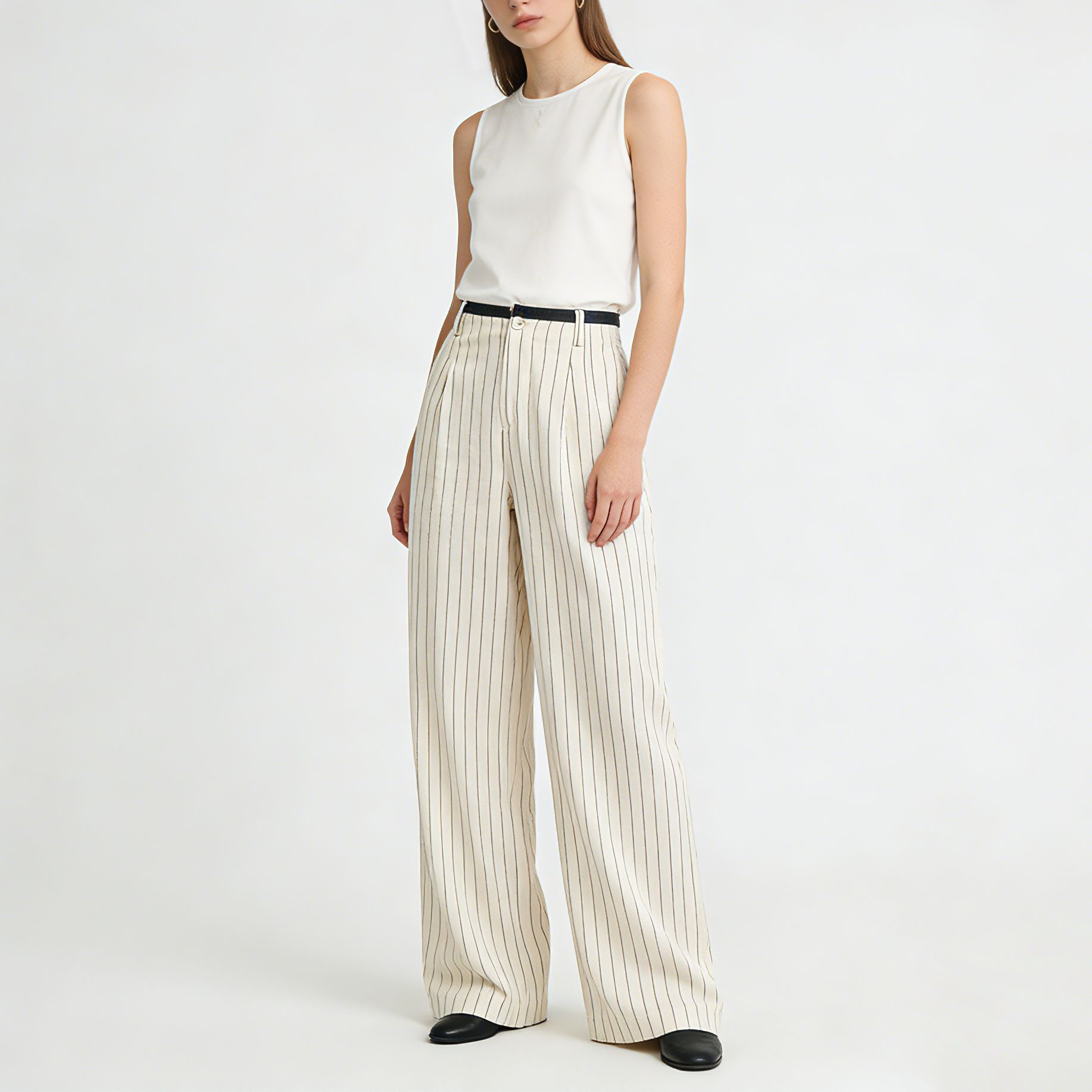 Quần culottes nữ ống rộng vải lanh sọc dọc, cạp cao phối màu, dáng suông thoáng mát — Vải gai sọc chi tiết 2