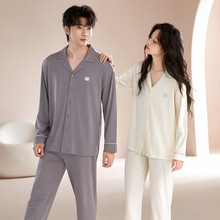 情侣睡衣棉莫新款长袖睡衣女春秋款套装宽松开衫翻领男士家居服