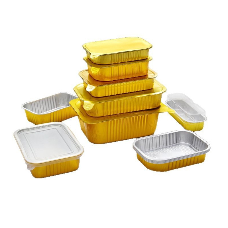 Caja de papel de estaño dorado de alta gama Caja de embalaje para llevar engrosada Caja de almuerzo de barbacoa rectangular desechable Caja de pastel de papel de aluminio