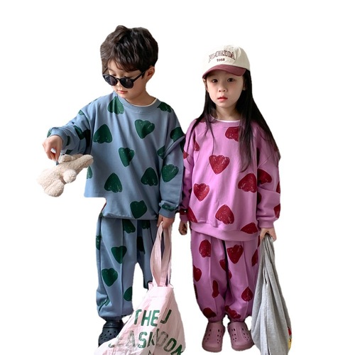 Children's Suit 2024 Spring Korean Style Round Neck Sweatshirt and Pants Two-piece Set for Boys and Girls Children's Love Print Set