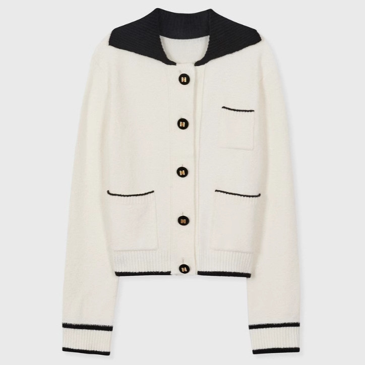 틈새 디자이너 브랜드 EE * K 네이비 칼라 니트 카디건 여성 고감도 대비 단일 브레스트 포켓 스웨터 코트