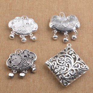 Large Retro Antique Silver Alloy Long Life Lock Goldfish Pattern Ring Pendant Bell Pendant Ingot Lock
