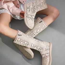 「妙侣」盛夏漫漫~透气镂空复古长靴夏女侧拉链蕾丝罗马女凉网靴