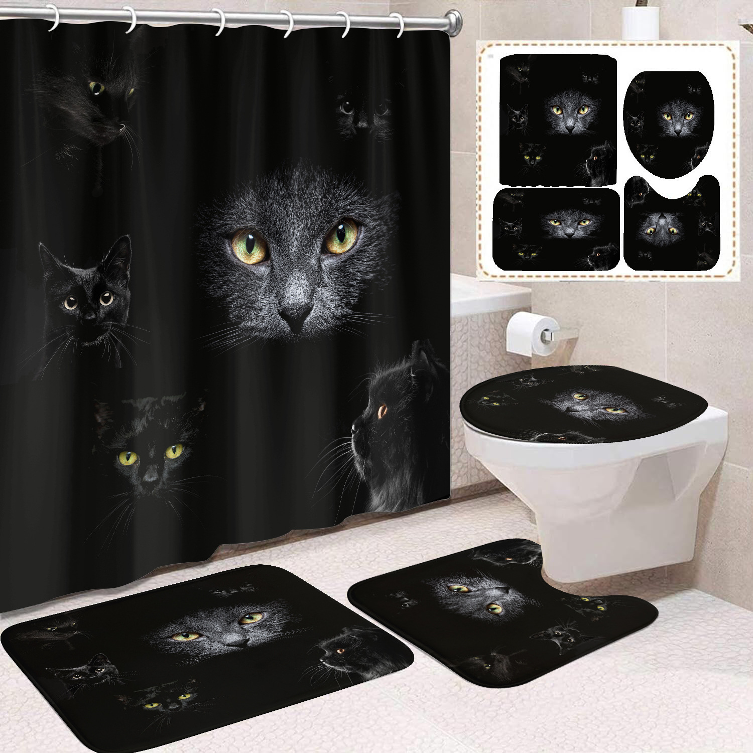 Fuente de fabricantes Amazon animales gatos niños cortina de ducha impermeable a prueba de moho cortina de ducha inodoro partición de baño divertido