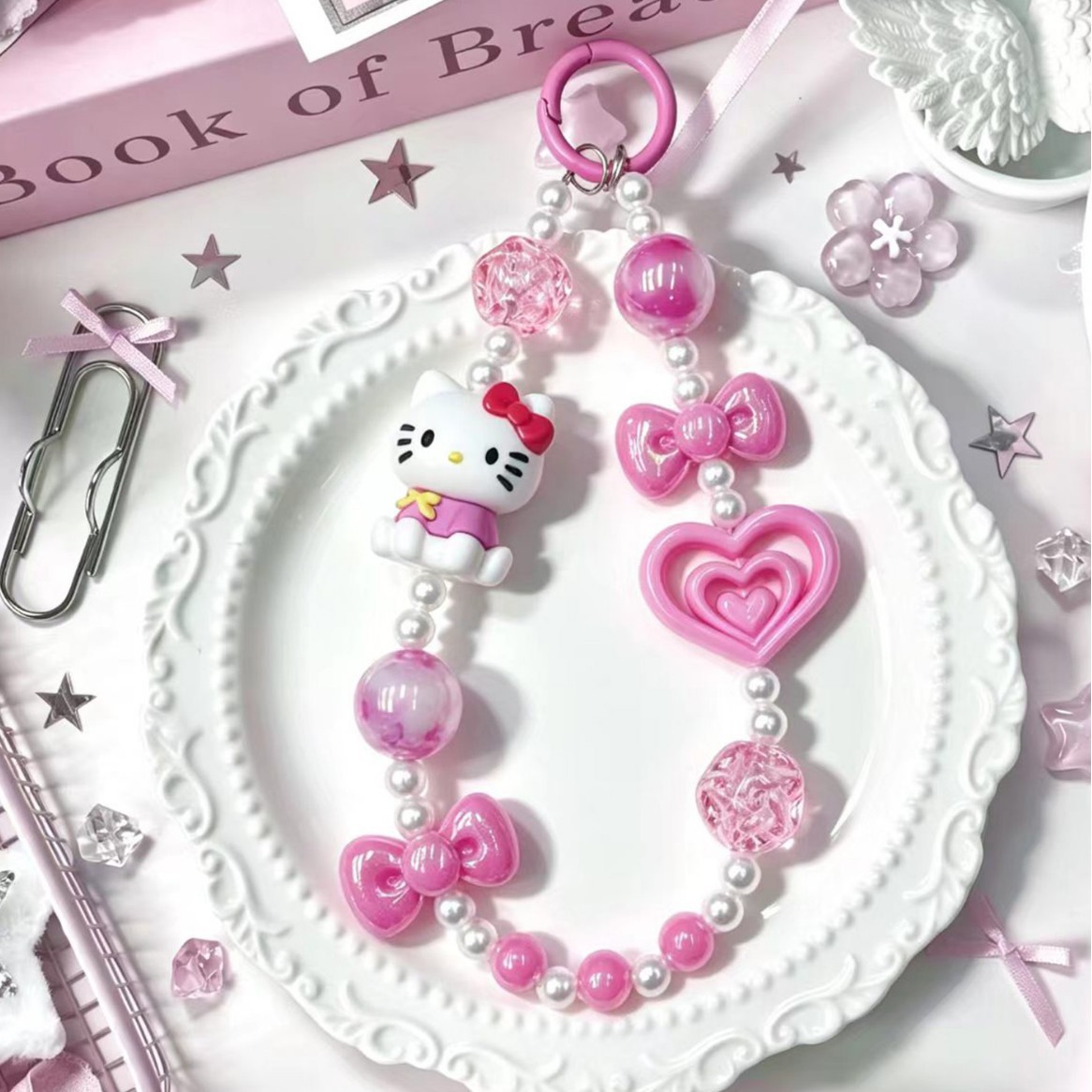 Cute Hello Kitty phone chain, bag charm, beaded pendant, pink pearl keychain, original phone accessory