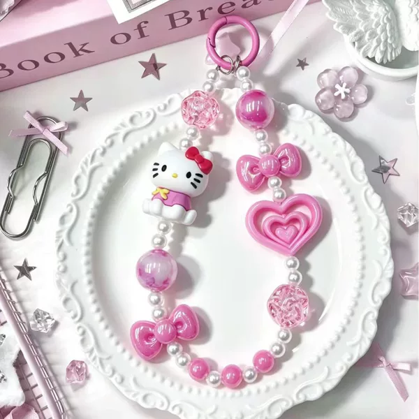 Cute Hello Kitty phone chain, bag charm, beaded pendant, pink pearl keychain, original phone accessory