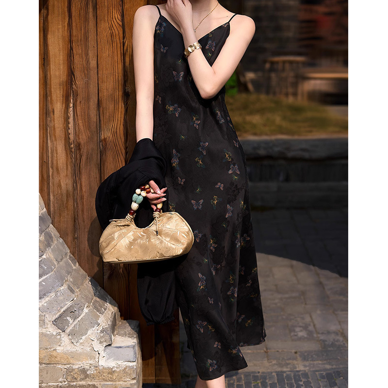 Intangible Cultural Heritage Xiangyun Yarn Silk Sling Long Dress with Sling Digital Printing National Style New Chinese Style dress Black Women's Clothing for Summer