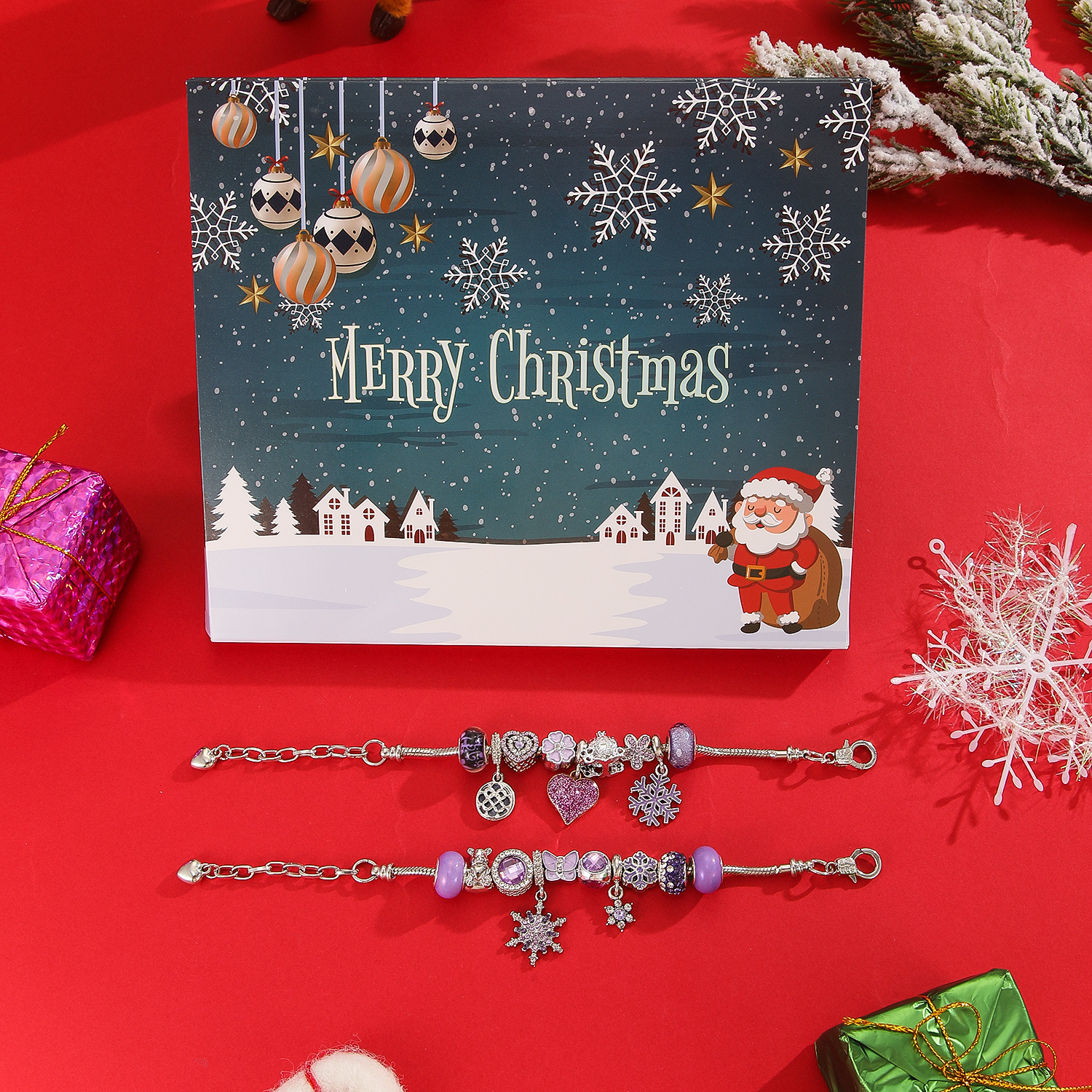Weihnachts-Schneeflocken-Geschenkbox mit Perlenschmuck, Countdown-Kalender, DIY-Armband in Herzform mit lila Perlen, Blindbox_voghion.com
