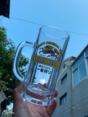 기린 맥주 컵 일본식 이방 프레스 맥주 컵 바 손잡이가있는 두꺼운 생맥주 컵 일본 식품점 상업용 컵