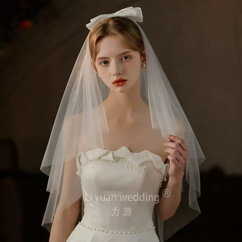 新娘结婚双层缎带蝴蝶结中长款旅拍领证面纱网红软头纱大蝴蝶结