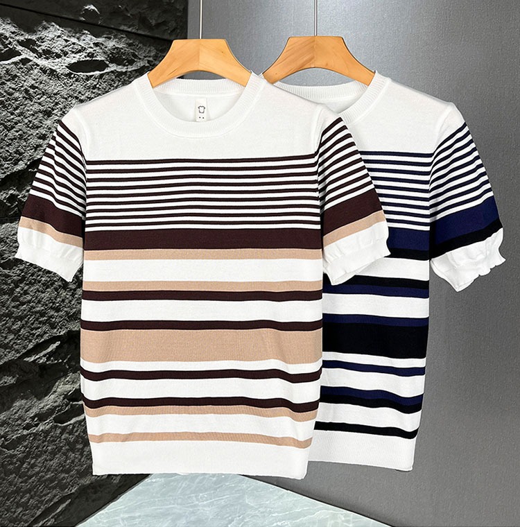 Herren Slim Fit Strickpullover Gestreift Business Kurzarm Shirt_voghion.com