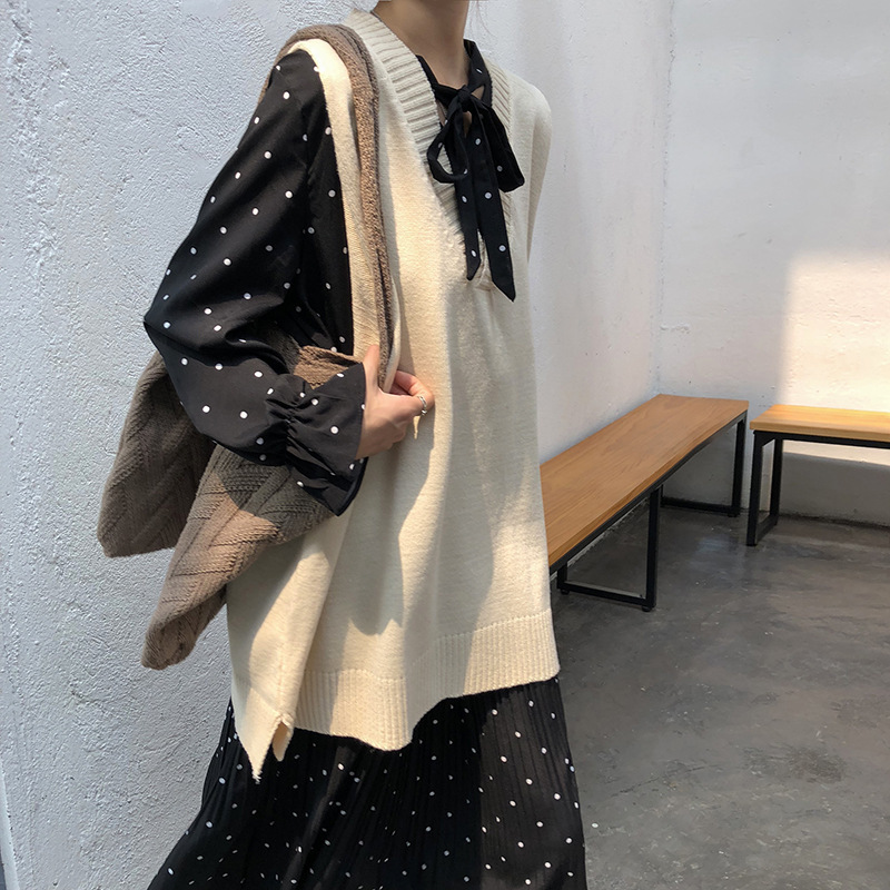 2025早春の韓国版vネックのオープンフォークニットのベスト女性のゆったりとした純色が見えます。|undefined