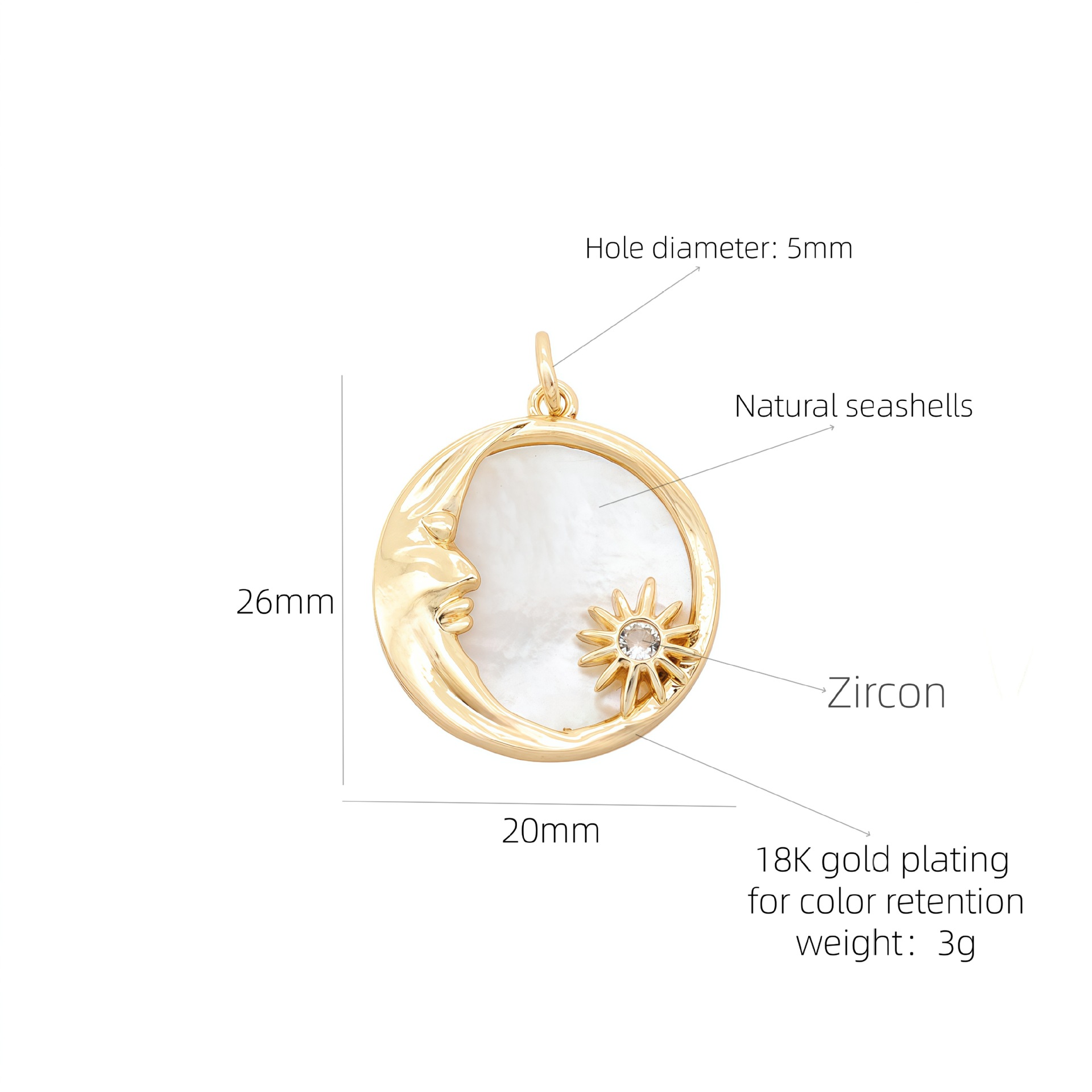 European and American Style Natural Shell Round Accessible Luxury Sun Moon Star Pendant Copper Plated 18K Real Gold DIY Jewelry Manufacturer