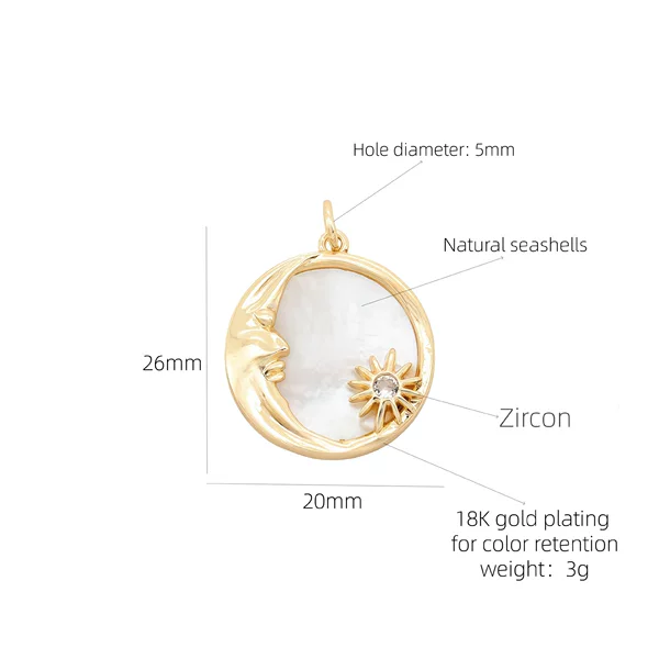 European and American Style Natural Shell Round Accessible Luxury Sun Moon Star Pendant Copper Plated 18K Real Gold DIY Jewelry Manufacturer