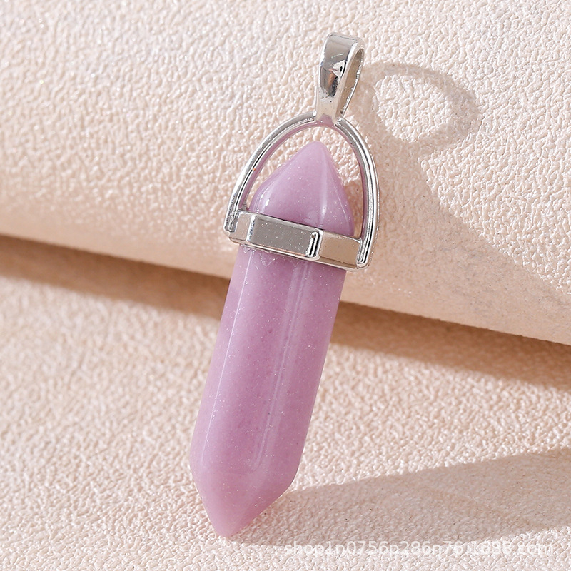 Venta caliente transfronteriza piedra natural amatista cristal rosa colgante de columna hexagonal collar de bala de doble punta colgante único al por mayor