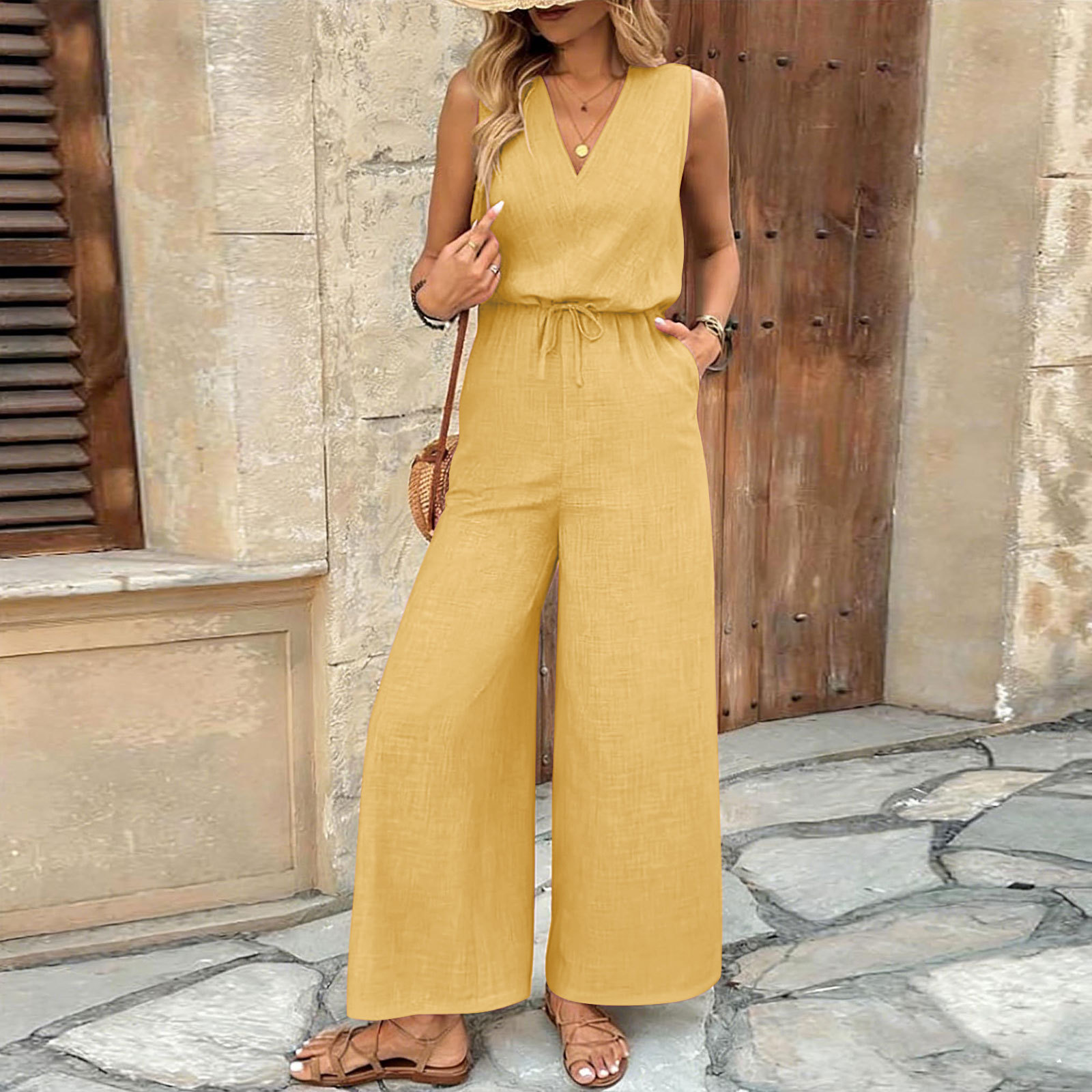 2026 verano nuevo comercio exterior transfronterizo de Europa y América fuente de tejido de color sólido temperamento de moda sin mangas pantalones de mujer monje