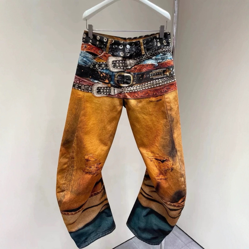 25Ss Wang Yibo Same Style 3D Printed Oil Painting Retro Belt Scimitar Jeans Pants Men and Women Trendy