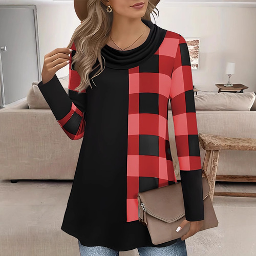 Autumn and winter Europe and America temu independent station supply large size double-collar women's long-sleeved T-shirt
