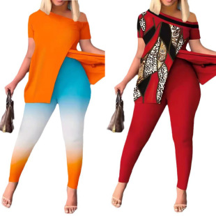 D3228 Cross-border Amazon European and American New Women's Leopard Print Top Fashion Tight plus size suit