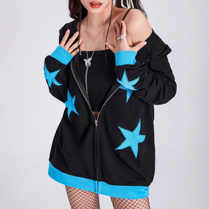 Autumn and Winter European and American Ins Korean Knitted Patch Star Print Design Crop Zipper Hooded Jacket Sweatshirt