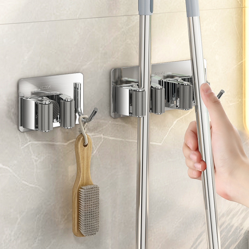 Stainless Steel No-Drill 304 Mop Holder Bathroom Mop Clip Broom Hook Strong Adhesive Hook Mop Rack