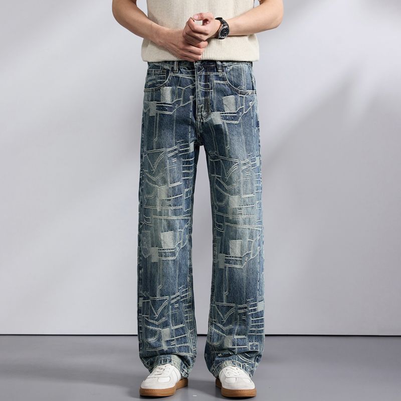 Old Money Style High-End American Jacquard Trendy Brand Men's Jeans 2026 Light Luxury Loose Straight Trendy Personality Long Pants