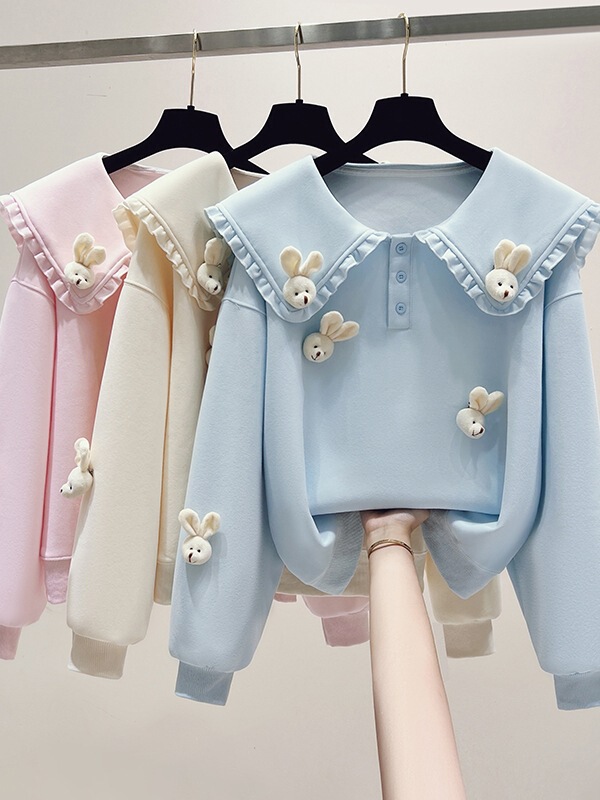 Real Shot of 2025 Autum Korean Preppy Style Lace Navy Collar Plush Doll Short Sweatshirt for Women Real Shot of 2025 Autum Korean Preppy Style Lace Navy Collar Plush Doll Short Sweatshirt for Women