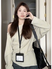 大码胖mm不规则设计感斜肩长袖上衣女秋季新款慵懒风松弛感打底衫