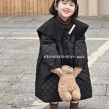 糖果園韓版童裝2022冬季新女童時尚復古翻領夾棉大衣長款棉服外套