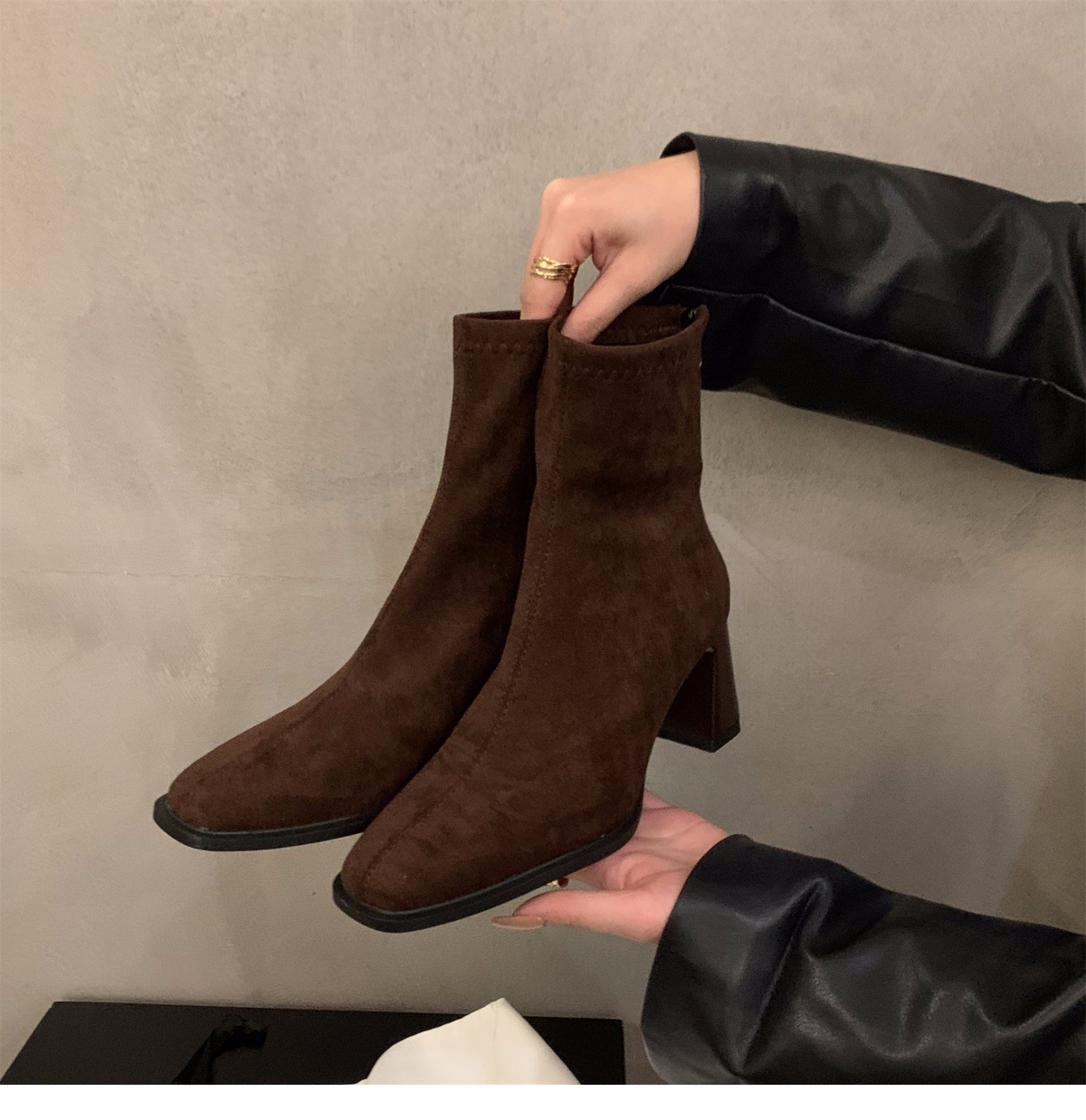 Suede Ankle Boots For Women Square Toe Slim Korean Style Footwear_voghion.com