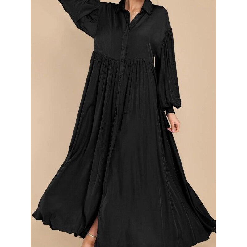 Cross-Border 2024 New Aliexpress Women's Casual Solid Color Button Lapel Pleated Long-Sleeved Maxi Dress