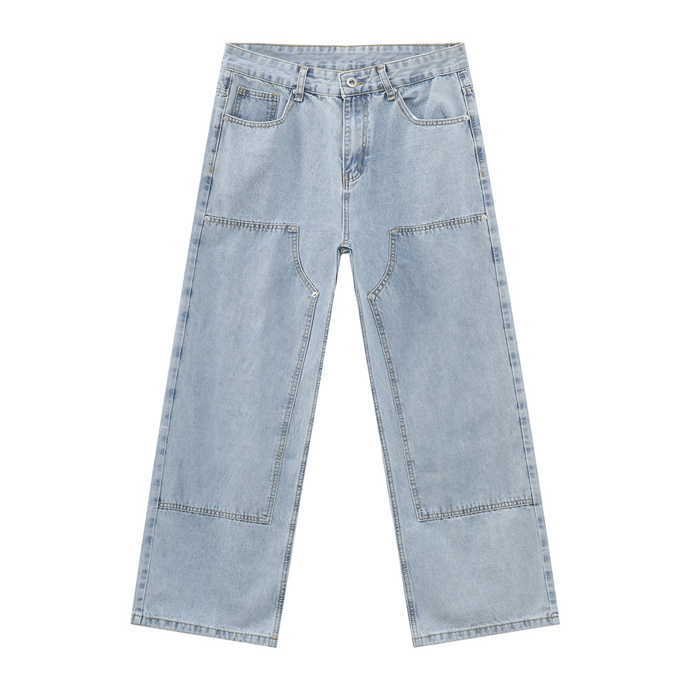 MTLCLOTHES Ropa de hombre | Versión coreana de cuatro estaciones de deconstrucción de línea abierta azul claro Pantalones vaqueros sueltos lavados rectos de moda