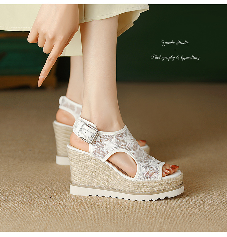 Sandal nữ đế xuồng cao gót mũi hở phong cách Bohemian, chất liệu đan rơm kết hợp lưới thoáng khí — màu hồng nhạt, màu trắng chi tiết 6