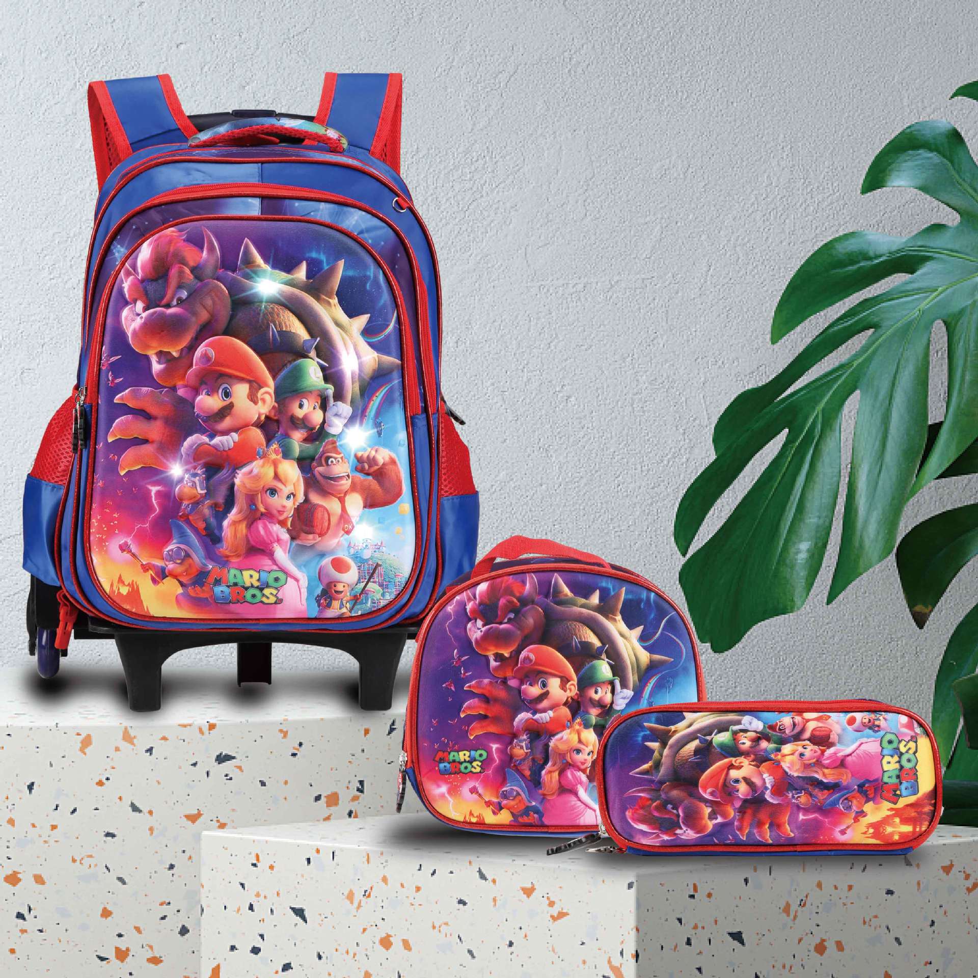 Mochila de tirón 3D fabricantes de venta directa con luces de dibujos animados de hombro comercio exterior seis ruedas dos ruedas escaleras estudiantes tres juegos de mochila