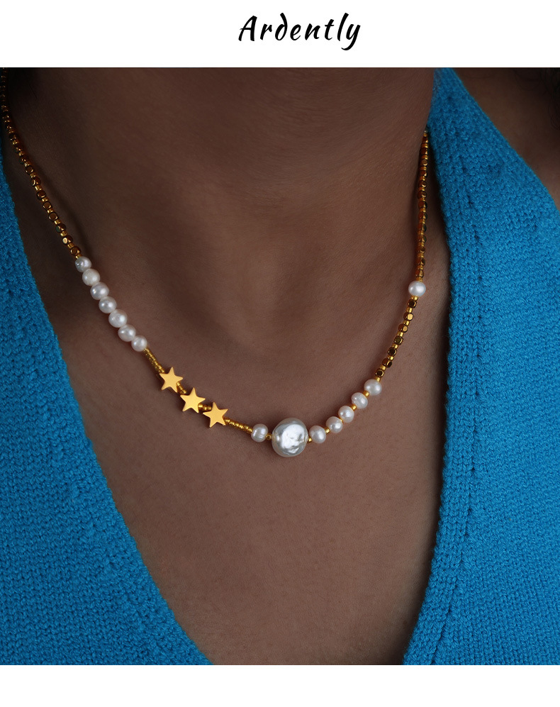 12g Weight 0.03µm-0.05µm Gold Plating Thickness PVD Coated Gold Plating Process Real Gold Plated Plating Material 304 Stainless Steel Pendant Material PVD Coated Real Gold Plated 18K Gold Geometric Star Freshwater Pearl Titanium Steel Elegant Retro Simple Style Waterproof Non Tarnish 304 Stainless Steel Necklace