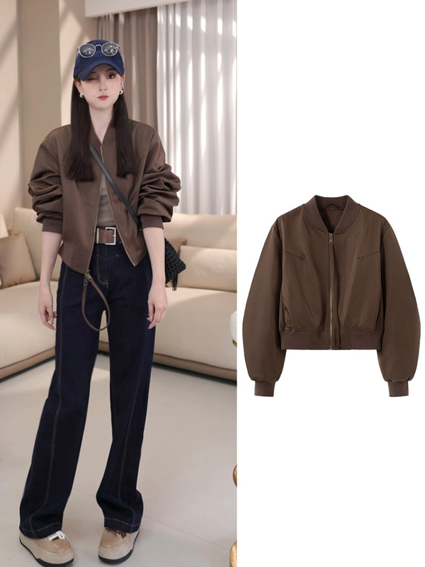 酒红色短款长袖立领棒球服外套女春秋2025新款小个子拉链工装夹克|undefined